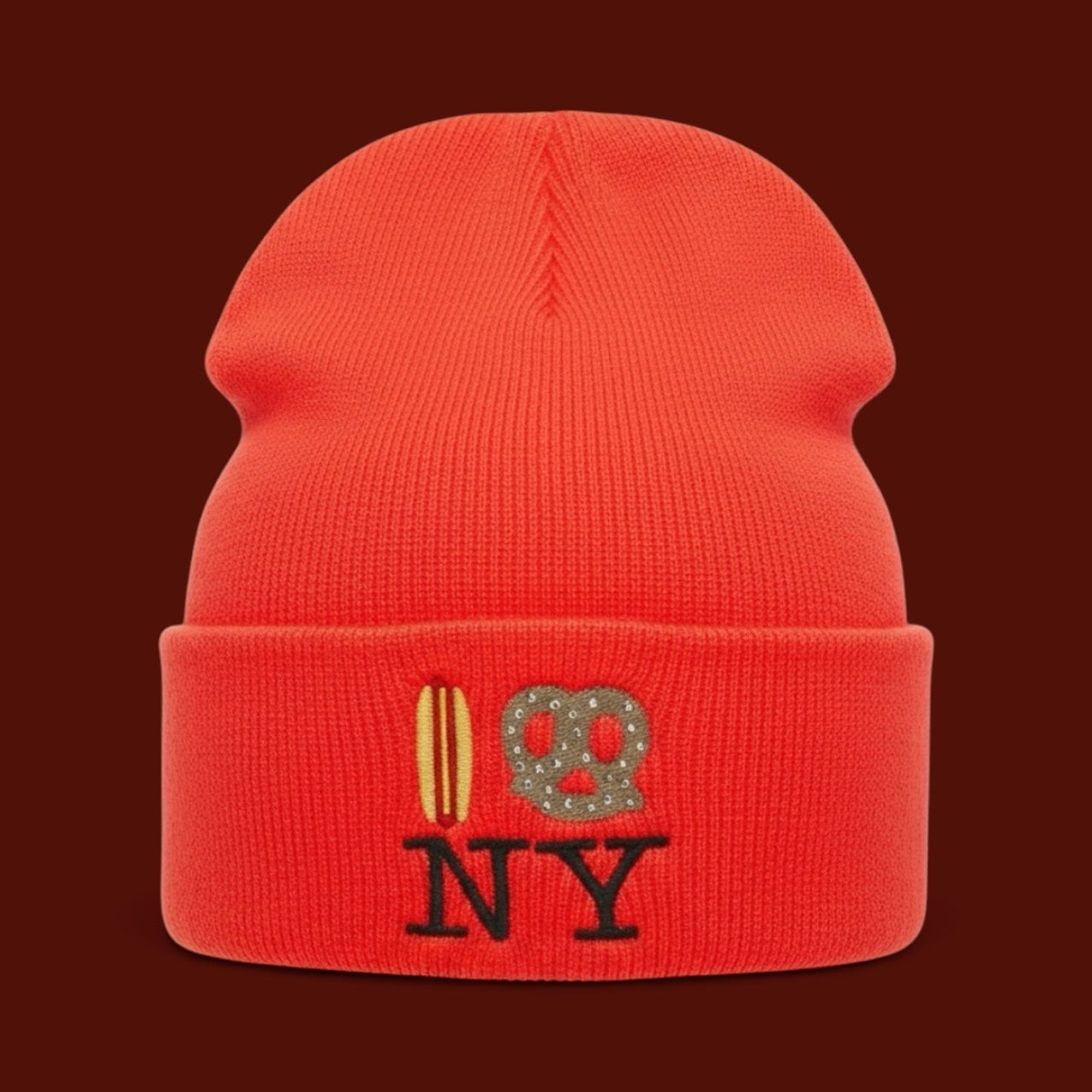 Hot Dog Pretzel NY Knit Beanie - Neon Orange