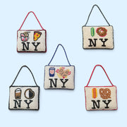 PiccoliNY NYC food beaded ornament set of 5: Lo Mein Pizza, Pickle Bagel, Coffee Bacon Egg and Cheese, Egg Cream Black and White Cookie, Hot Dog Pretzel